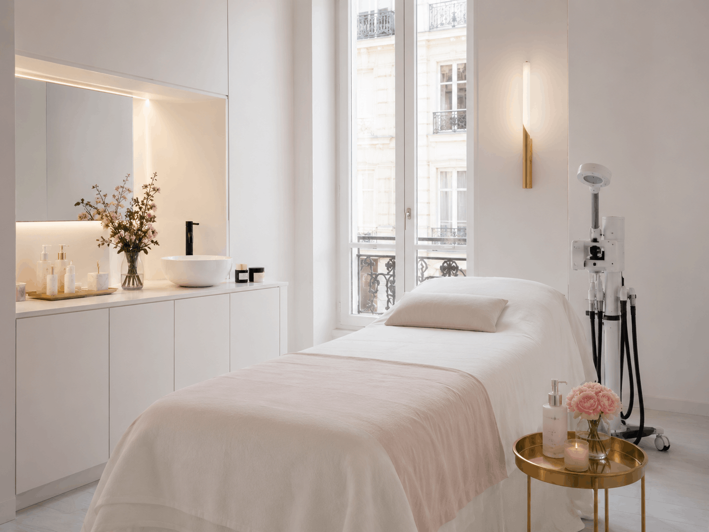 Cabine de soin visage minimaliste avec lumière douce